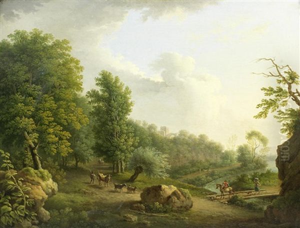 An Extensive River Landscape With Travellers On Horseback; And A Wooded River Landscape (2) Oil Painting by Jacob Philipp Hackert