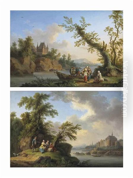 A Wooded River Landscape With Figures Unloading A Rowing Boat, A Castle On The Rocks Beyond; And A Wooded River Landscape With Figures Resting On The Bank, A Fortified Town Beyond (pair) Oil Painting by Jacob Philipp Hackert