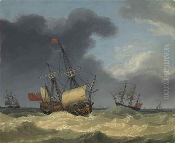 English Frigates In Choppy Water, With Other Boats Beyond Oil Painting by Jacob Philipp Hackert