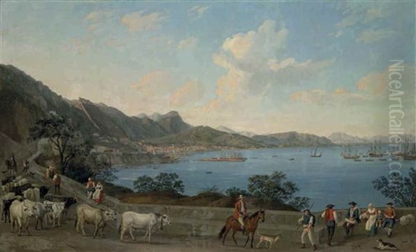 The Port Of Salerno From Vietri, With Herdsmen And Other Figures In The Foreground, With The Castello Di Arechi Beyond Oil Painting by Jacob Philipp Hackert