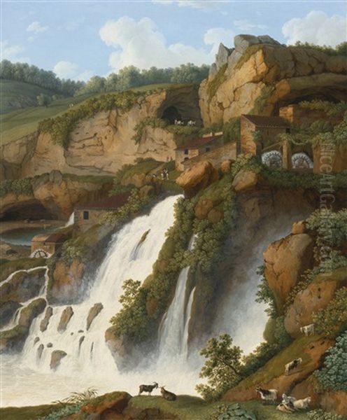 View Of The Waterfall At Anitrella With Goats Grazing Nearby by Jacob Philipp Hackert