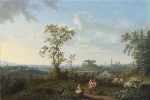 A View Of Rome Seen From The Villa Patrizi, With Figures And Cattle Resting In The Foreground Oil Painting by Jacob Philipp Hackert