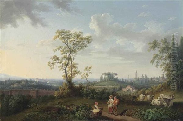 A View Of Rome Seen From The Villa Patrizi, With Figures And Cattle Resting In The Foreground Oil Painting by Jacob Philipp Hackert