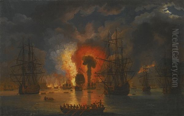 The Destruction Of The Turkish Fleet In The Battle Of Chesme 6- 7 July Oil Painting by Jacob Philipp Hackert