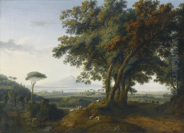 An Italian Capriccio Veduta, With A Greek Temple Near A Shoreline, And A Distant Volcano Oil Painting by Jacob Philipp Hackert