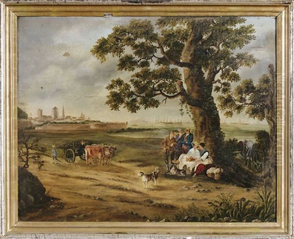 Landschaft Mit Kaufleuten, Im Hintergrund Der Hafen Von Livorno Oil Painting by Jacob Philipp Hackert