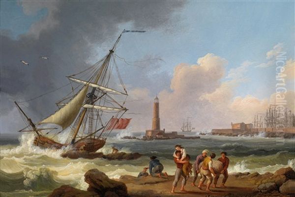 Der Hafen Von Livorno Mit Der Rettung Schiffbruchiger Im Vordergrund Und Einem Schlachtschiff Der Kaiserlich Russischen Flotte Unter Admiral Graf Orlow Im Hintergrund Oil Painting by Jacob Philipp Hackert