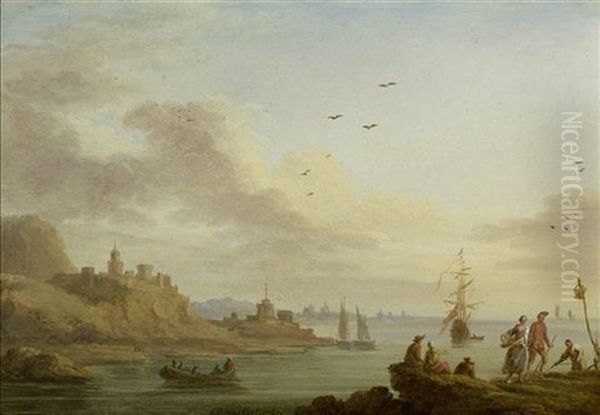 Fischer An Der Kuste. Links Im Hintergrund Eine Festung Auf Einem Fels Oil Painting by Jacob Philipp Hackert