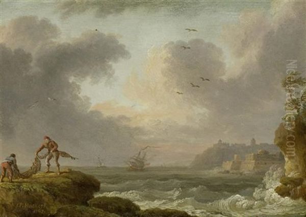 Fischer Auf Einem Fels An Der Kuste Bei Aufgewuhlter See Oil Painting by Jacob Philipp Hackert