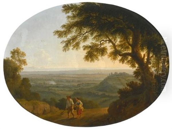 A View Across The Alban Hills, With A Hilltop On The Right And The Sea In The Far Distance Oil Painting by Jacob Philipp Hackert