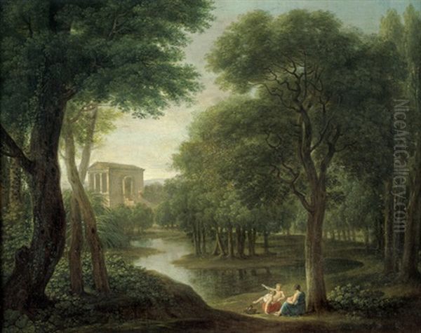 Waldlandschaft Mit See Und Tempietto, Im Vordergrund Drei Rastende Figuren Oil Painting by Jacob Philipp Hackert