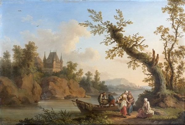 Deux Paysages Fluviaux Animes De Personnages (pair) by Jacob Philipp Hackert