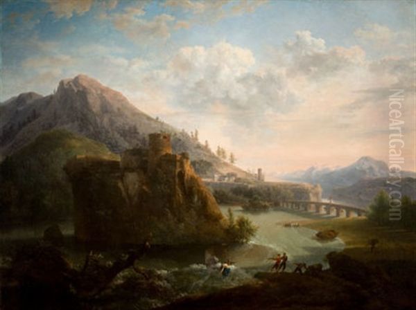 Mountainous Landscape With A Castle And Figures Along A River Oil Painting by Jacob Philipp Hackert