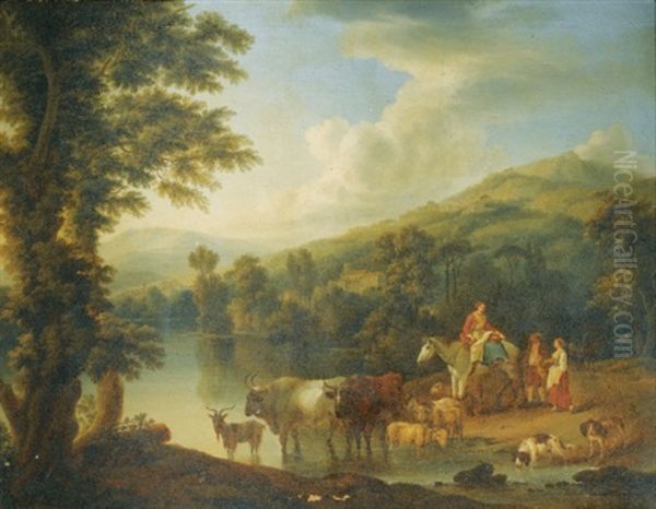 A Wooded River Landscape With A Woman On A Gray Horse With Animals Watering (+ A Wooded Riverlandscape With A Shepherd Resting Beneath A Tree By Cows And Goats; Pair) Oil Painting by Jacob Philipp Hackert