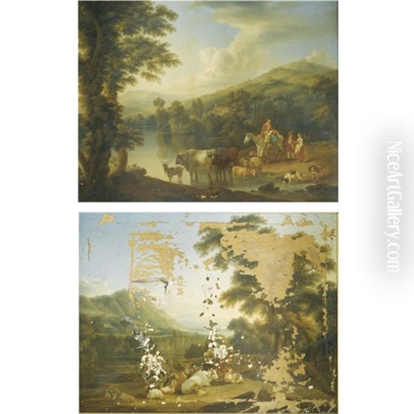 A Wooded River Landscape With A Woman On A Gray Horse With Animals Watering (+ A Wooded River Landscape With A Shepherd Resting Beneath A Tree By Cows And Goats; Pair) Oil Painting by Jacob Philipp Hackert