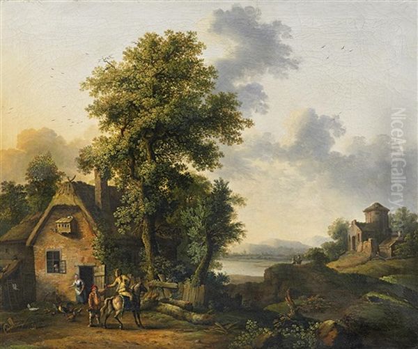 Flusslandschaft Mit Bauernhaus Und Reiter Oil Painting by Jacob Philipp Hackert