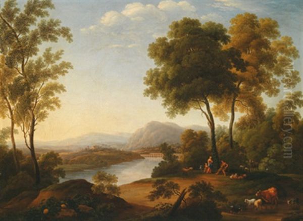 Eine Arkadische Landschaft Mit Einem Fluss Und Aquadukt Im Hintergrund Oil Painting by Jacob Philipp Hackert