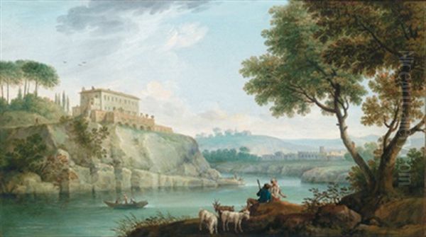 Sudliche Fluslandschaft Mit Einer Hochgelegenen Villa Und Hirtenstaffage Oil Painting by Jacob Philipp Hackert