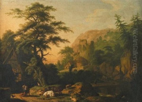 Paysage De Montagne Et Troupeau Oil Painting by Jacob Philipp Hackert