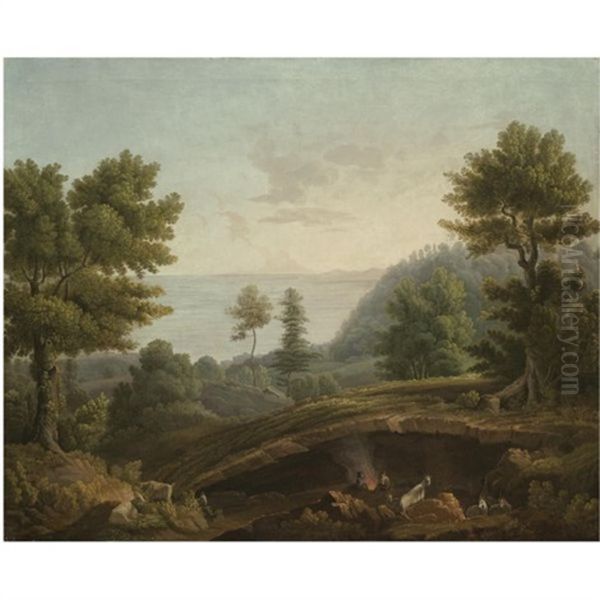 A Coastal Landscape With Herdsmen And Their Goats Around A Fire Near A Grotto (near Neaples?) Oil Painting by Jacob Philipp Hackert