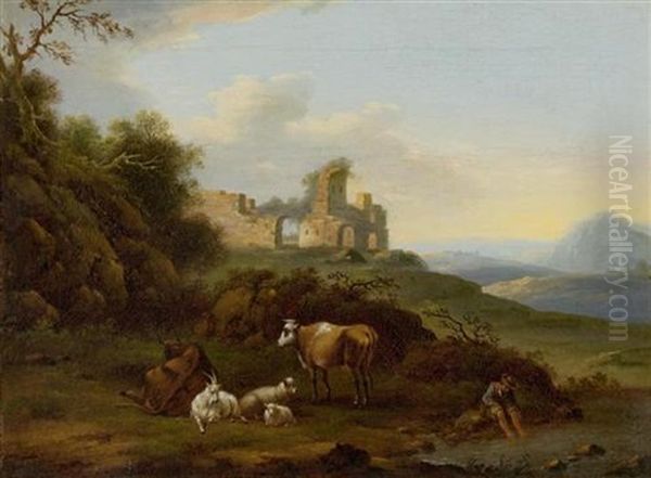 Landschaften Mit Ruine Und Vieh (pair) Oil Painting by Jacob Philipp Hackert