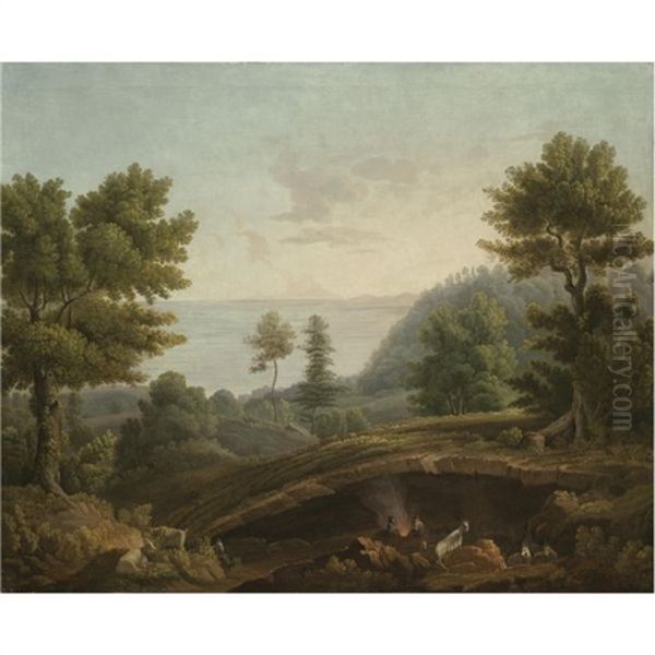 A Coastal Landscape, Probably Near Naples, With Herdsmen And Their Goats Around A Fire Near A Grotto Oil Painting by Jacob Philipp Hackert