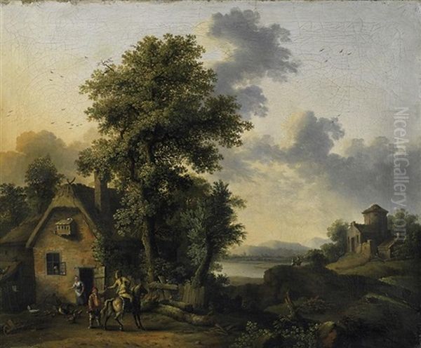 Fluslandschaft Mit Bauernhaus Und Reiter Oil Painting by Jacob Philipp Hackert