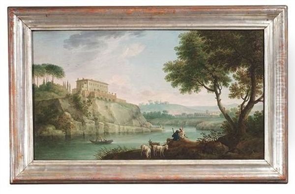 Ziegenhirten An Den Ufer Eines Flustales, Auf Der Anhohe Eine Italienische Villa Oil Painting by Jacob Philipp Hackert