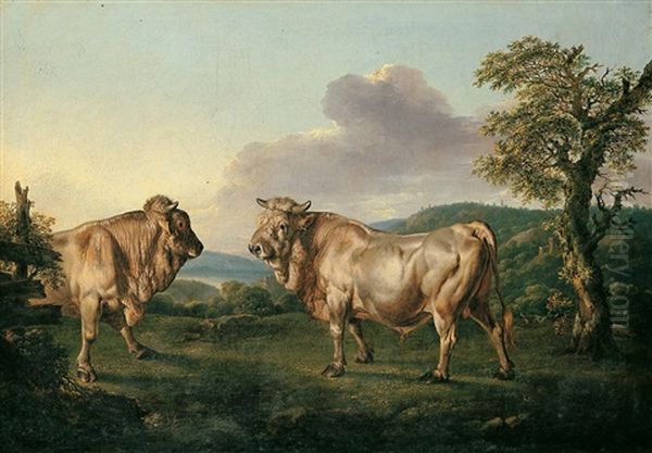 Weite Sudliche Landschaft Mit Zwei Bullen Oil Painting by Jacob Philipp Hackert