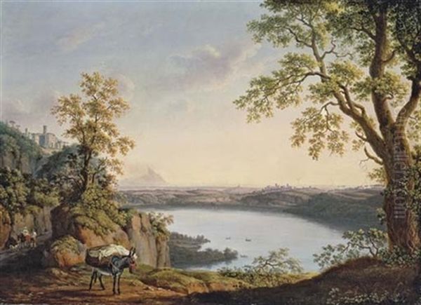 Lake Nemi From The North, With The Town Of Nemi And Town Of Genzano Beyond, With A Donkey And Travellers On A Path In The Foreground Oil Painting by Jacob Philipp Hackert