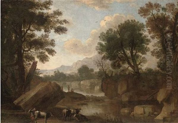 A Wooded Landscape With A Drover And His Cattle By A River, Anglers By A Waterfall Beyond Oil Painting by Jacob Philipp Hackert