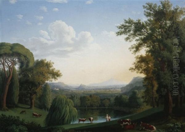 Landschaft Mit Motiven Des Englischen Gartens Von Caserta, Im Hintergrund Ansicht Von Neapel Oil Painting by Jacob Philipp Hackert