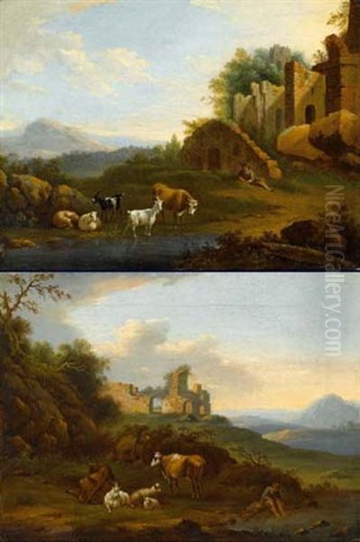 Landschaft Mit Hirten Und Ruinen (+ Another, Similar; Pair) Oil Painting by Jacob Philipp Hackert