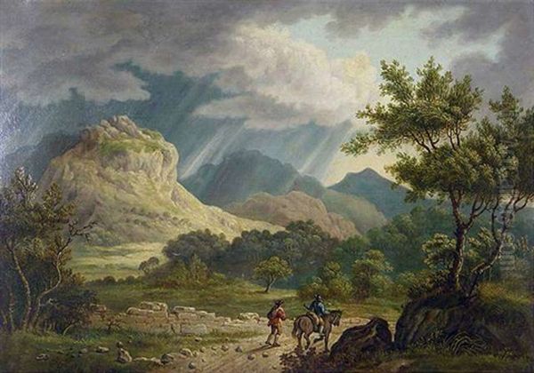 Arkadische Gebirgslandschaft Im Gewittersturm. Im Vordergrund Zwei Reisende Oil Painting by Jacob Philipp Hackert