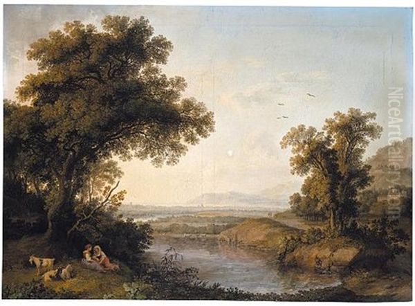 An Italianate Landscape With Shepherdesses Resting Beside A Pond, A Bay In The Distance Beyond Oil Painting by Jacob Philipp Hackert