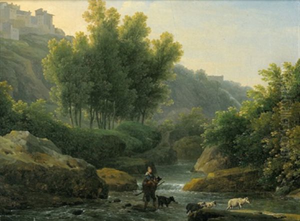 Bewaldete Flusslandschaft Mit Hirten, Eine Furt Durchquerend Oil Painting by Jacob Philipp Hackert