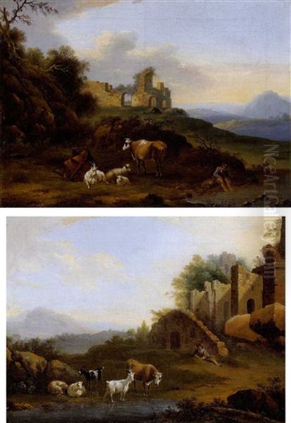 Sudliche Landschaft Mit Ruine Und Vieh (+ Another Similar; Pair) Oil Painting by Jacob Philipp Hackert