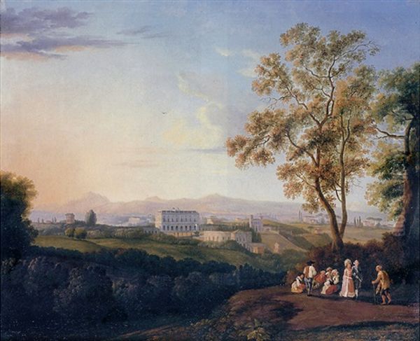 A View Of The Villa Albani, Rome, From The Patrizi Villa, With Peasants, And An Elegant Couple In The Foreground Oil Painting by Jacob Philipp Hackert