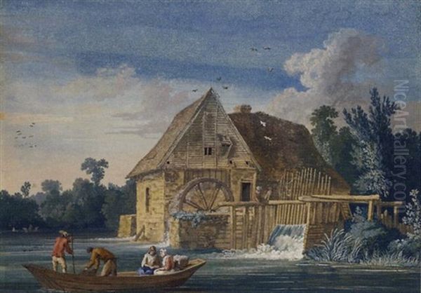 The Water Mill At Ivry With Fishermen On A Boat In The Foreground Oil Painting by Jacob Philipp Hackert