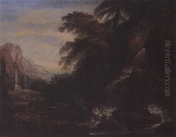 Landschaft Mit Reisendem Bach Und Saule Mit Ehrendenkmal Oil Painting by Jacob Philipp Hackert