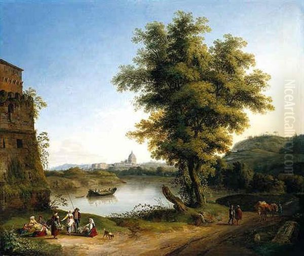 Rome, A Distant View Of Saint Peter's Basilica And The Vatican Seen From North Of The City On The West Bank Of The Tiber, Next To The Milvian Bridge Oil Painting by Jacob Philipp Hackert