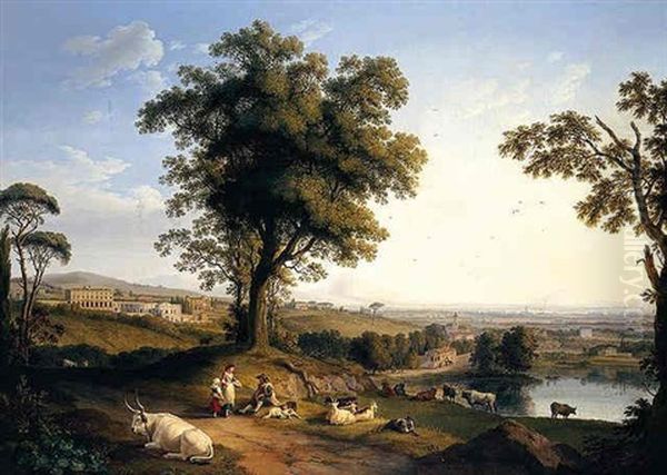 A Panoramic Landscape In The Roman Campagna With A Distant Prospect Of The Villa Albani Near Rome, Peasants With Goats And Cattle In The Foreground Oil Painting by Jacob Philipp Hackert