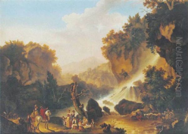 A River Landscape With A Waterfall, A Drover And His Cattle, Washer Women And Travellers At Halt Oil Painting by Jacob Philipp Hackert