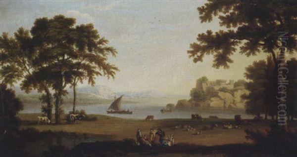 A Landscape With Figures At Rest By Sheep And Cattle, Boating On A Lake And A Hilltop Fort Beyond Oil Painting by Jacob Philipp Hackert