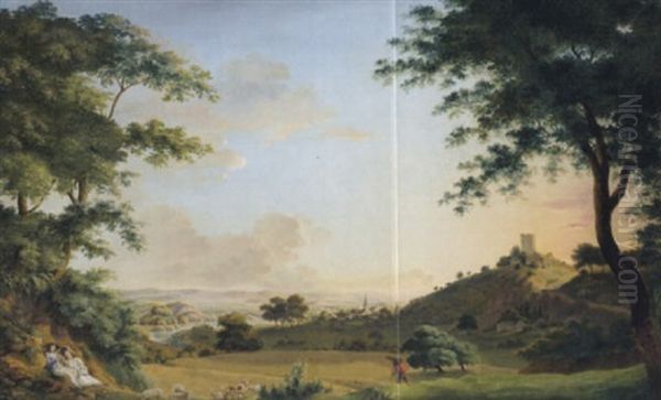 Weite Fluslandschaft Mit Einem Dorf Und Einer Burgruine Sowie Einem Liebespaar Oil Painting by Jacob Philipp Hackert