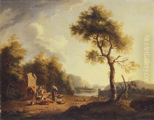 A River Landscape With Shepherdesses And Cattle By A Nymphaeum Oil Painting by Jacob Philipp Hackert