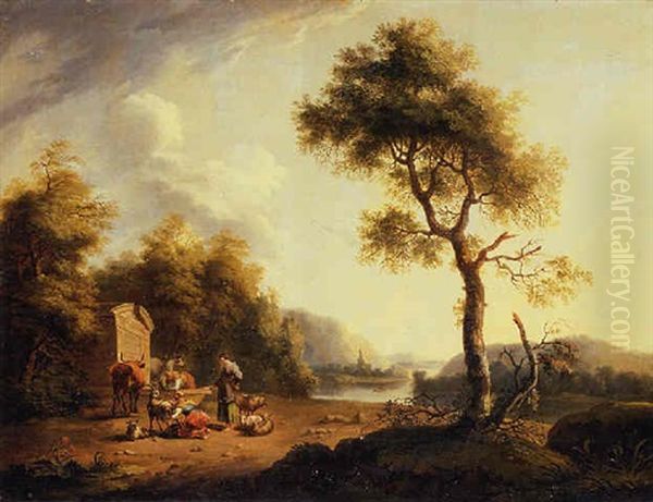 A River Landscape With Shepherdesses And Cattle By A Nymphaeum Oil Painting by Jacob Philipp Hackert