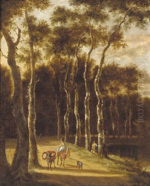 A Woman And Donkeys On A Wooded Track Oil Painting by Jacob Philipp Hackert