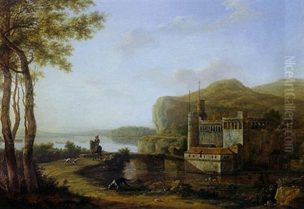 An Extensive Italian Landscape With A Fortress Castle And A Figure On The Path In The Foreground Oil Painting by Jacob Philipp Hackert