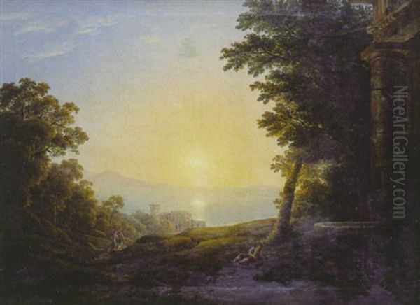 Paysage D'italie Au Soleil Couchant Avec Villageois Se Reposant Pres D'une Fontaine Antique Oil Painting by Jacob Philipp Hackert